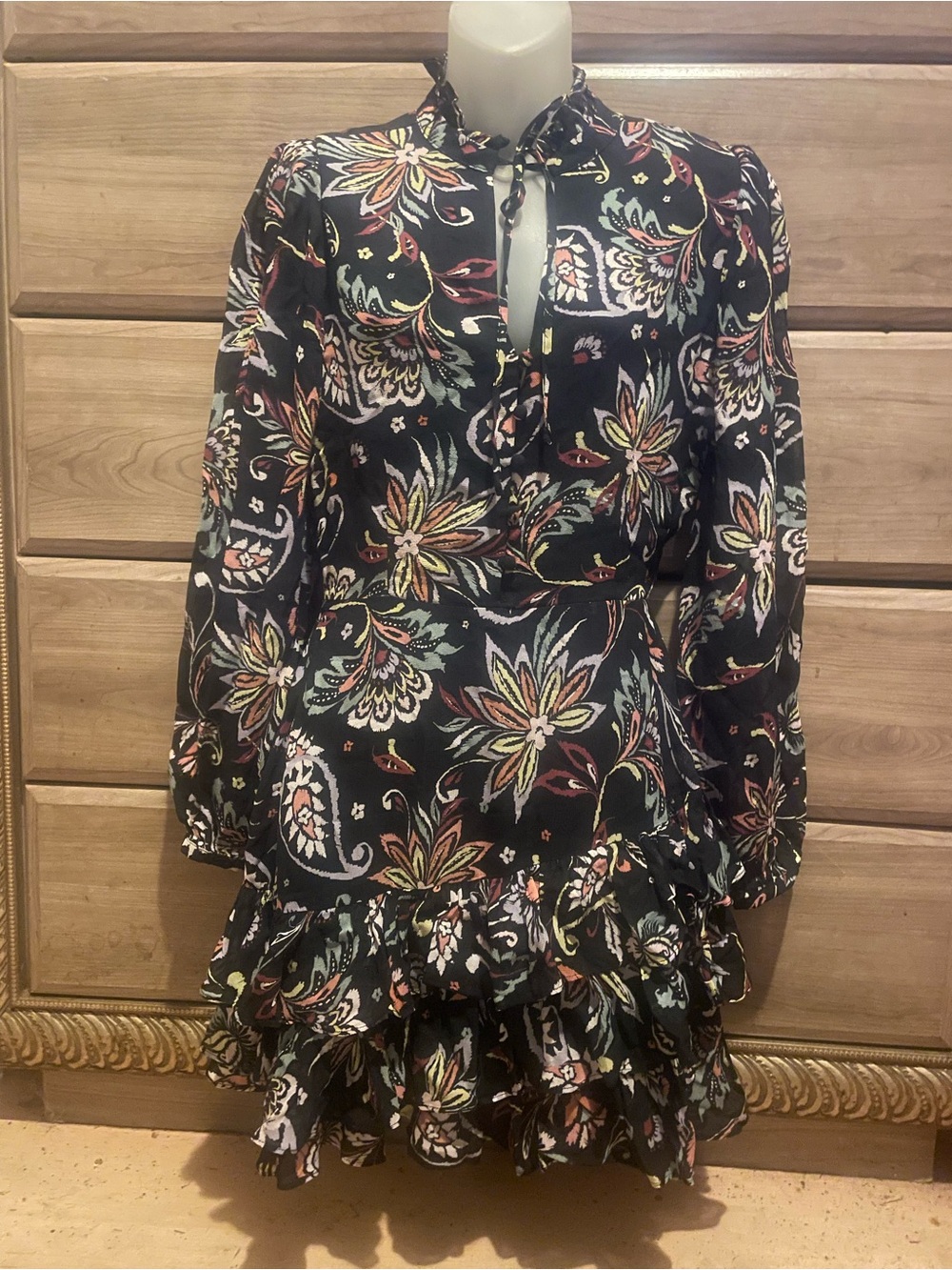 Yumi Kim Black Floral Long-Sleeve Ruffle Mini Dress